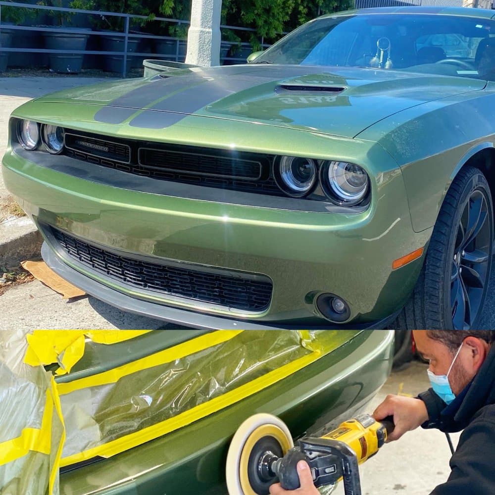 before and after picture of a green car detailing job